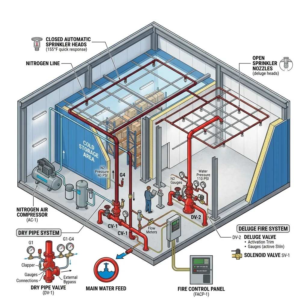 Dry-Pipe & Deluge Fire Sprinkler Systems for Cold Storage Facilities (-30°C)