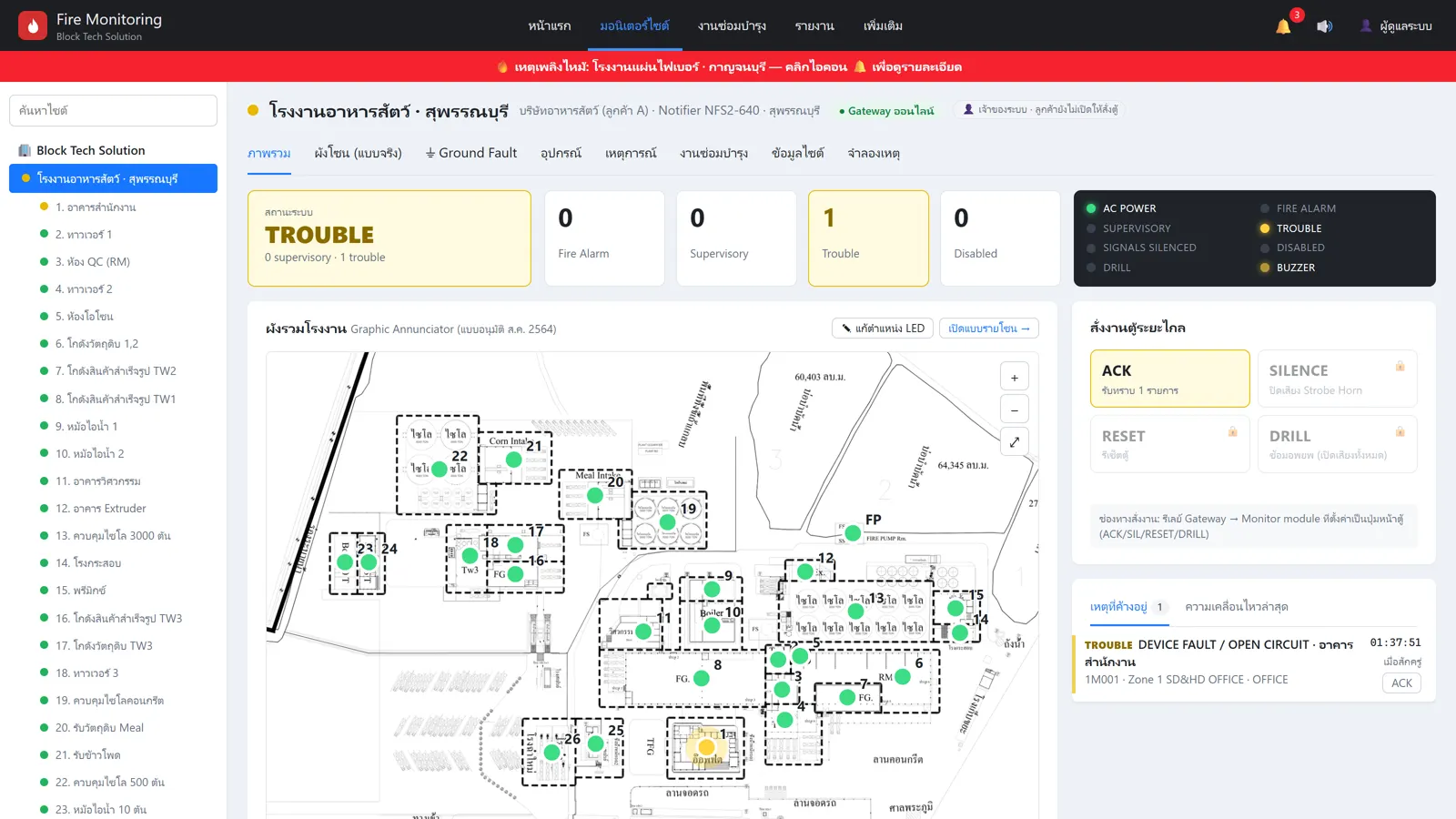 Fire alarm panel trouble shown in yellow with the faulty device