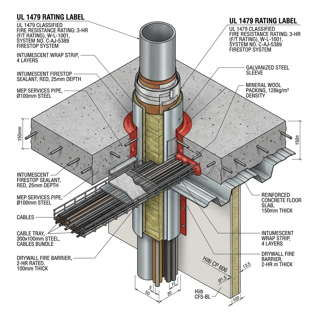 3D Isometric diagram of UL 1479 Penetration Firestop System