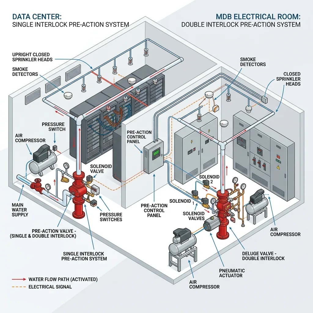 Pre-Action Sprinkler Systems (Single vs Double Interlock) for Data Centers & MDB Rooms